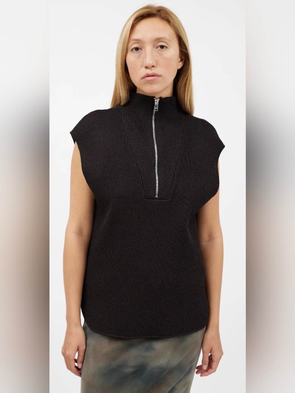 Ganni Black Sleeveless Half Zip Knit Top